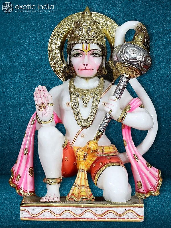 15" Hindu God Veer Hanuman Statue | Makrana Marble Statue
