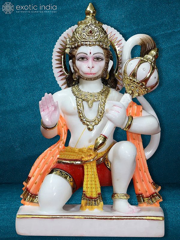 15" Hanuman Blessing Position Murti In Marble | White Makrana Marble Statue