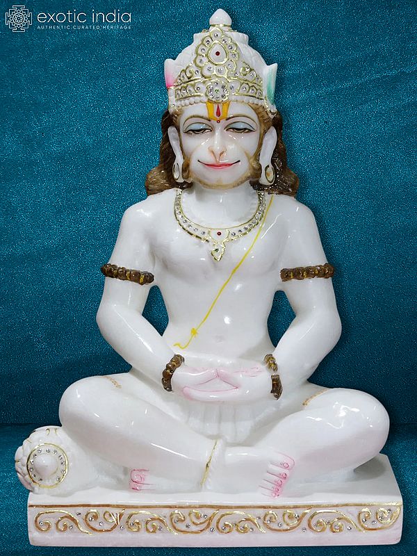 21" White Statue Of Dhyana Hanuman | Makrana Marble Statue