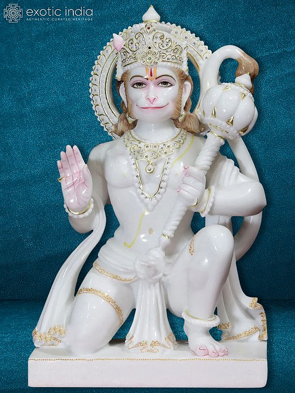 24"Ashirwad Position Hanuman With Gada | White Makrana Marble Statue