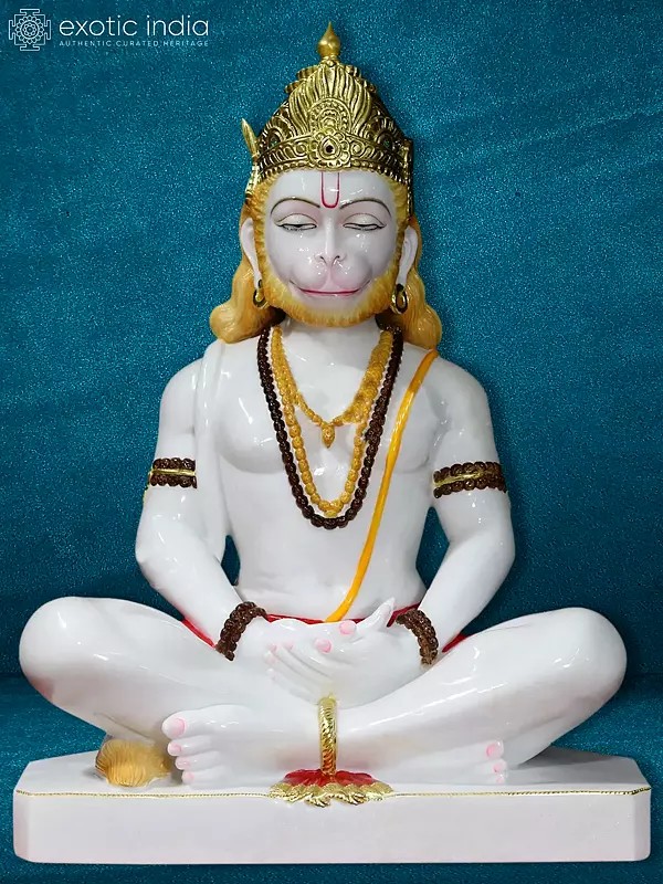 36" Sculpture Of Meditating Lord Hanuman | White Vietnam Marble Sculpture