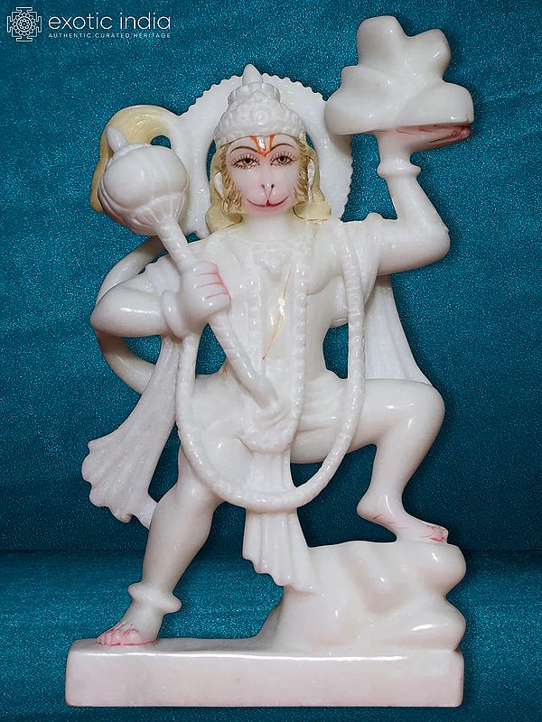 9" Hindu God Veer Hanuman Carrying Sanjeevani Mountain Sculpture | Makrana Marble Sculpture