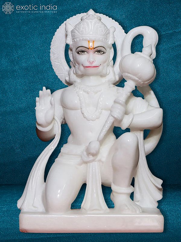 15" White Marble Ashirwad Hanuman | White Makrana Marble Sculpture