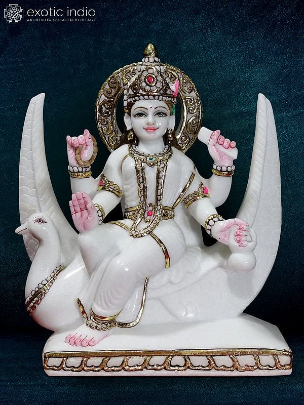 15" Goddess Brahmani With Four Arms Statue | Super White Makrana Marble
