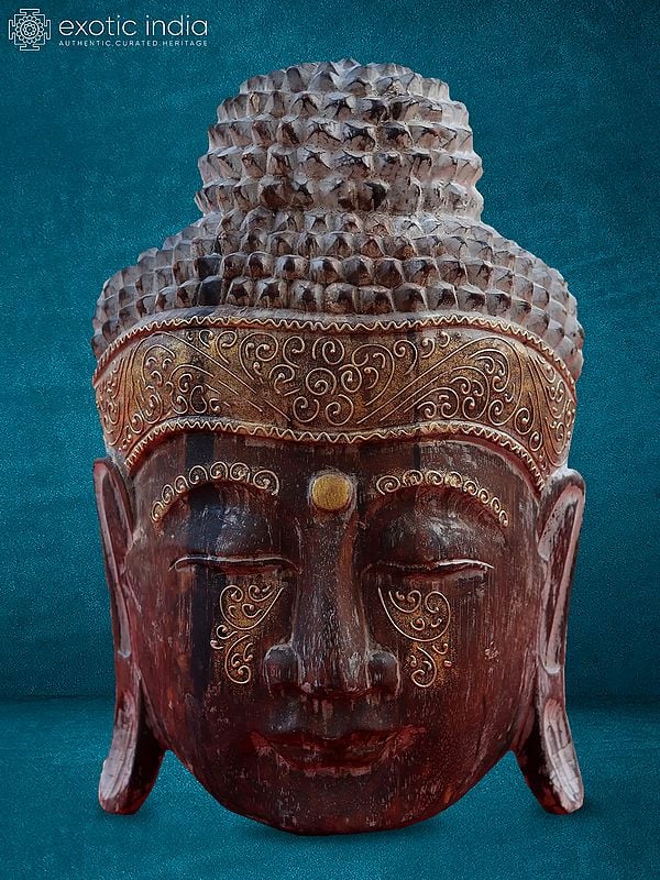 Wood Lord Buddha Head With Beautiful Carving | For Decor
