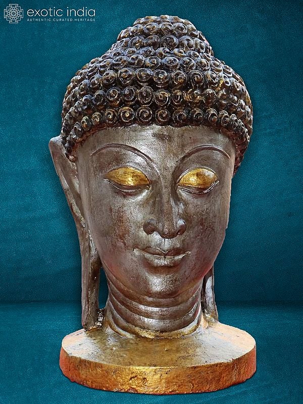15" Meditative Head Idol Of Lord Buddha | Sand Stone Figurine