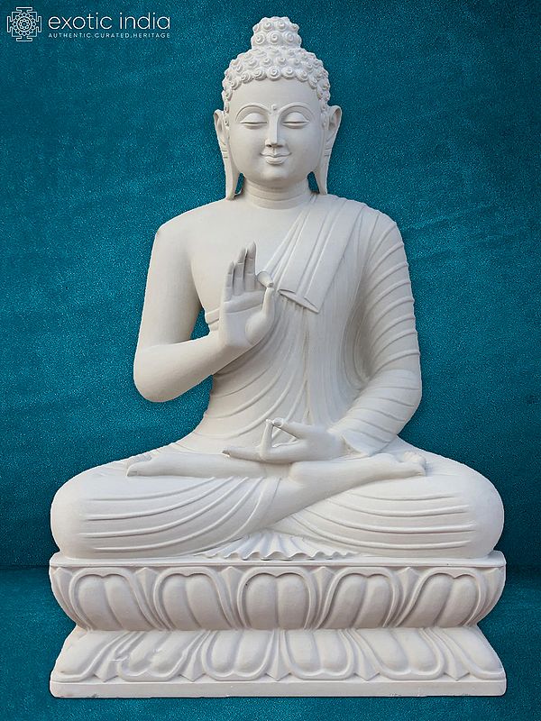 54" Pure White Sand Stone Idol Of Buddha | Decorative Item