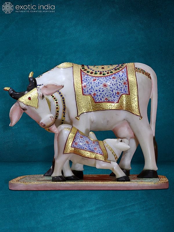 13" Attractive Statue Of Kamdhenu Cow With Calf | White Marble Statue For Home