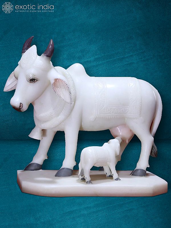 13" Statue Of The Holy Cow And Calf | White Marble Figurine