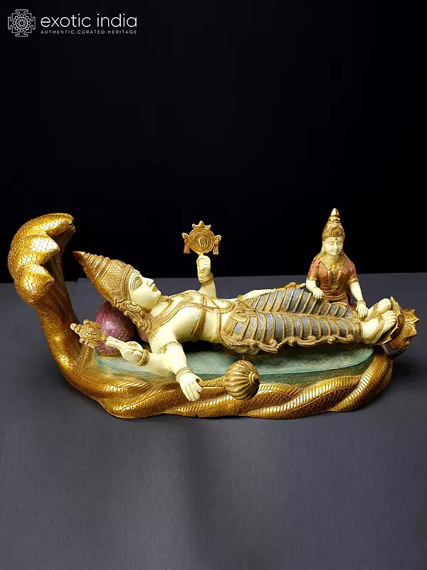 23" Colorful Shesha-Shayi Lord Vishnu with Devi Lakshmi | Brass Statue