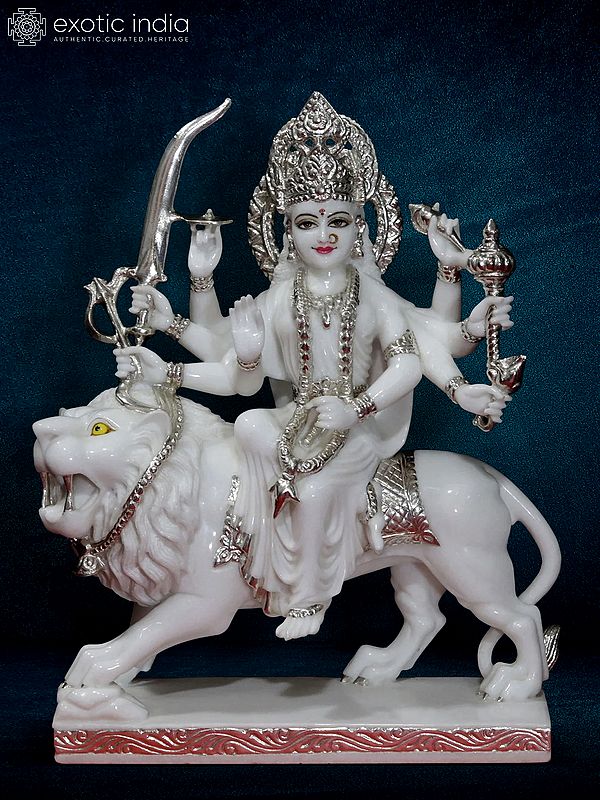 24" Goddess Durga Statue Decorated With Silver Ornaments
