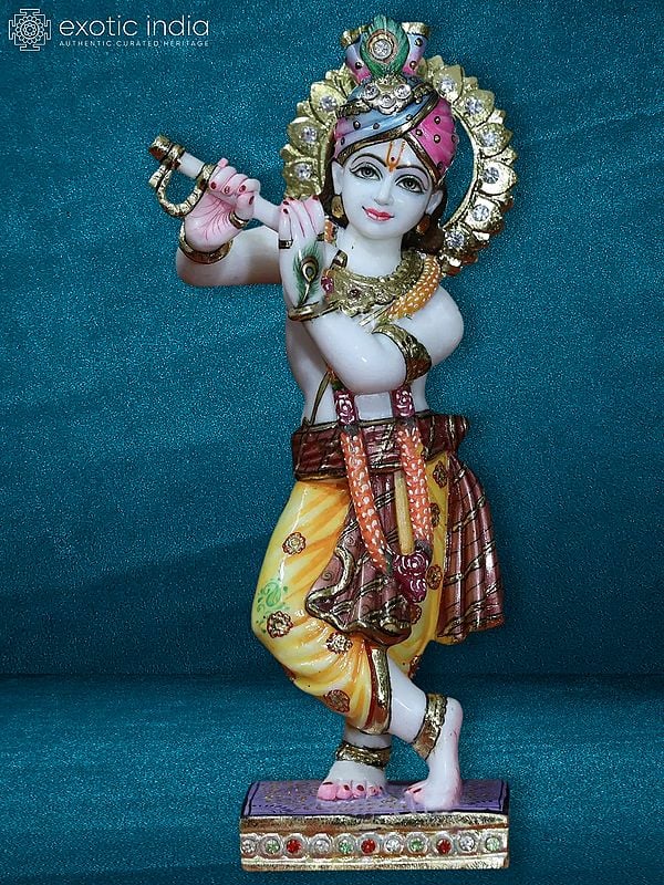 15" Lord Krishna With Turban | White Makrana Marble Statue