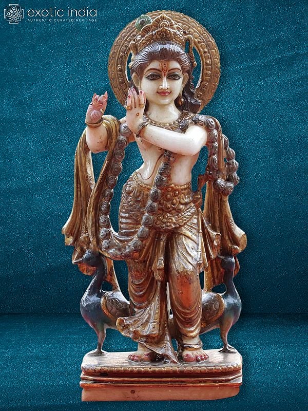 18" Fluting Krishna With Two Peacocks | Super White Vietnam Marble Statue
