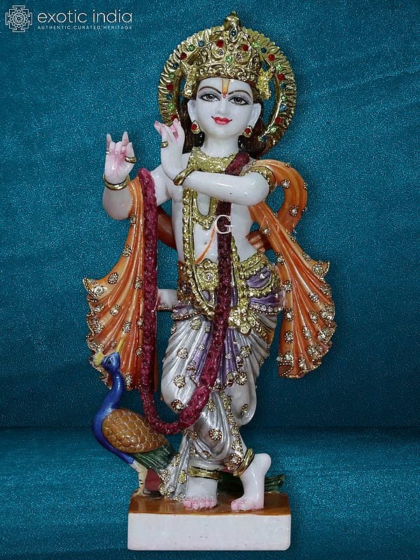 18" Bansuriwala Krishna With Peacock | White Vietnam Marble Statue