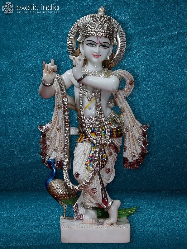 18" Lord Krishna Statue With Attractive Ornaments | Super White Makrana Marble Statue