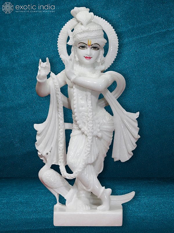 18" Pure White Idol Of Lord Krishna | Super White Makrana Marble Statue