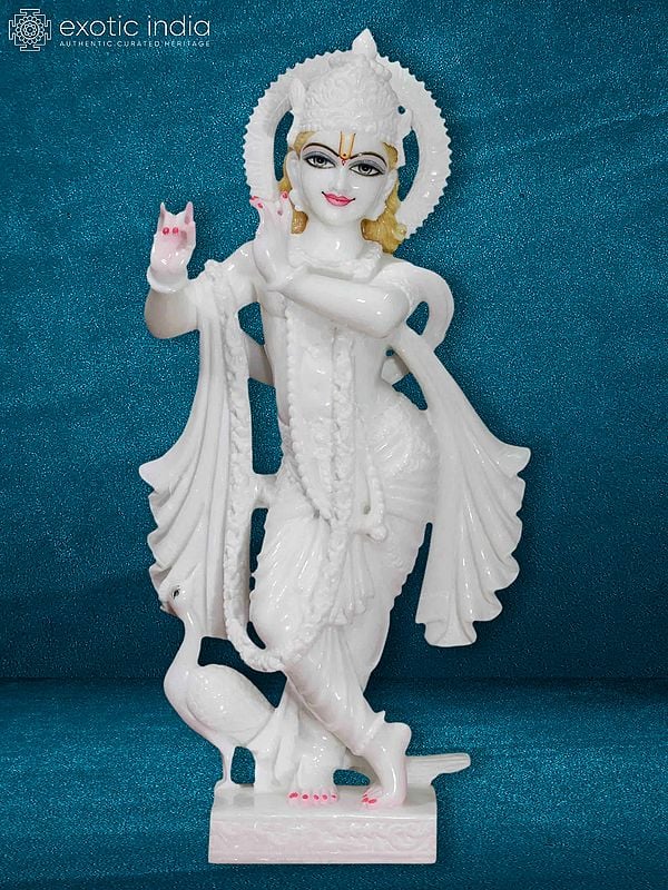 24" Statue Of Fluting Posture Lord Krishna | Super White Vietnam Marble Statue