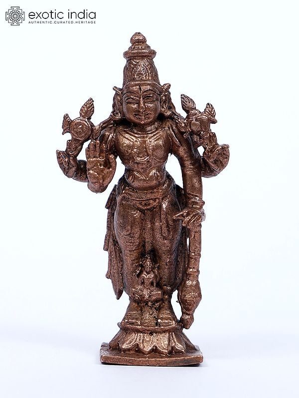 3" Small Standing Lord Vishnu Copper Statue with Devi Lakshmi