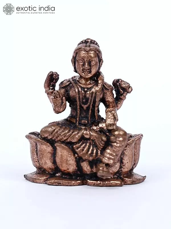 1" Small Devi Lakshmi Copper Statue Seated on Lotus