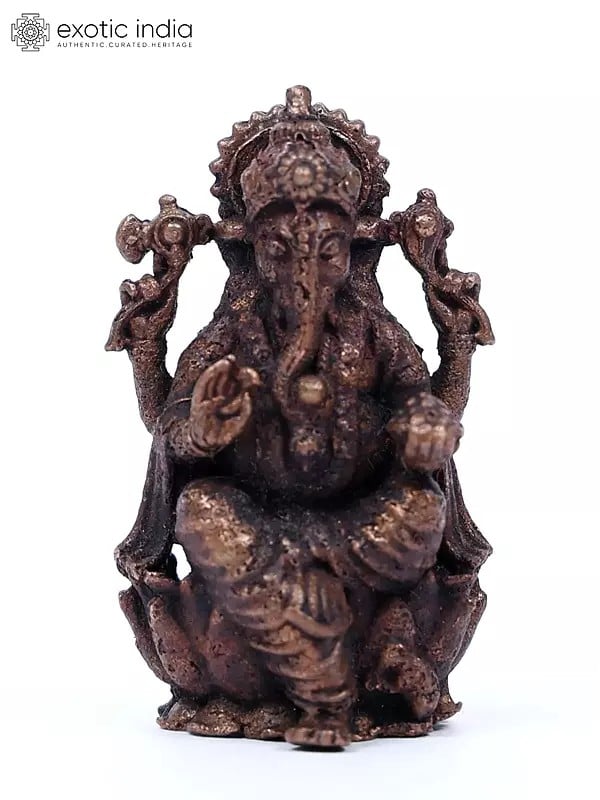 2" Small Chaturbhuja Lord Ganesha Copper Statue in Blessing Gesture