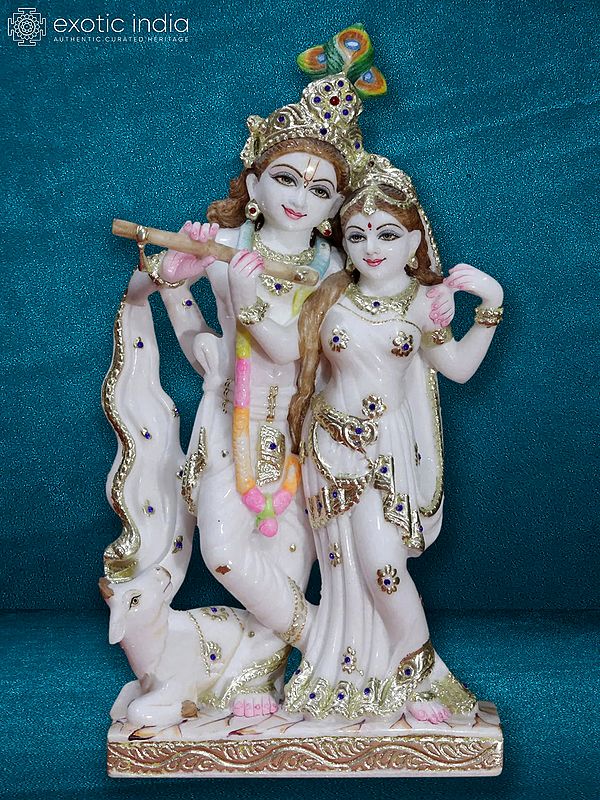 18" Standing Radha Krishna With Cow | Super White Makrana Marble Idol