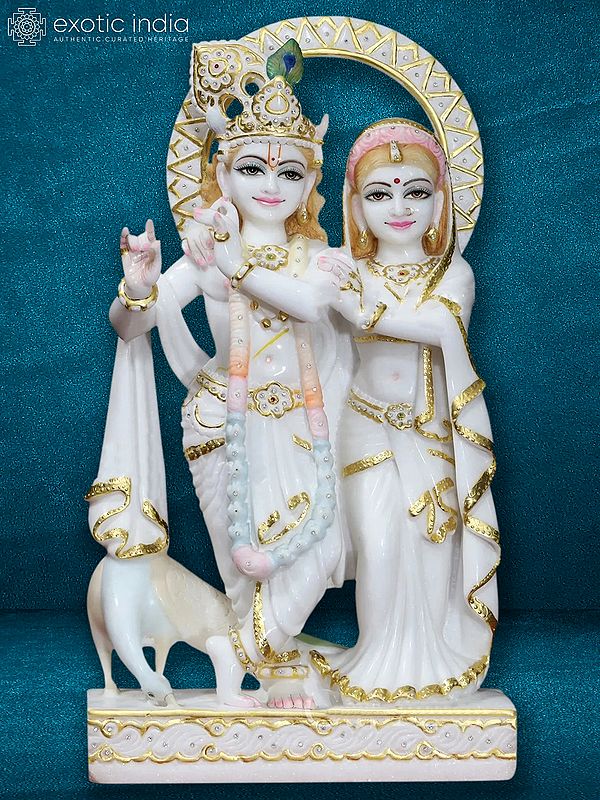 18" White Peacock With Radha Krishna | Super White Makrana Marble Statue