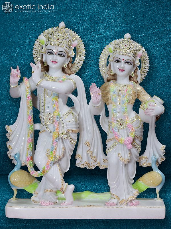 24" Radha Holding Milk Matki With Krishna | Super White Makrana Marble Idol