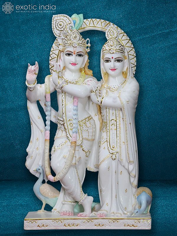 27" Radha Krishna In A Rhythm | Super White Vietnam Marble Figurine