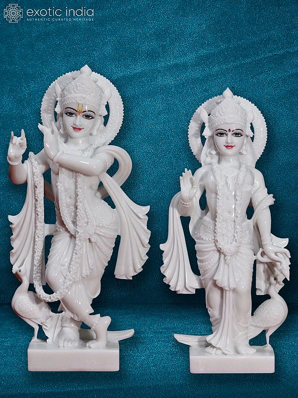 15" Lord Krishna With Radha Rani | Super White Makrana Marble Statue