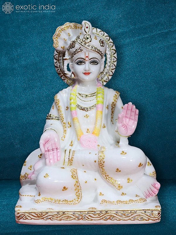 15" Seated Swami Narayan Idol | Super White Makrana Marble Figurine