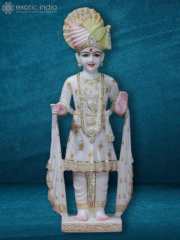13" Statue Of Swaminarayan With Attractive Turban | Super White Makrana Marble Idol