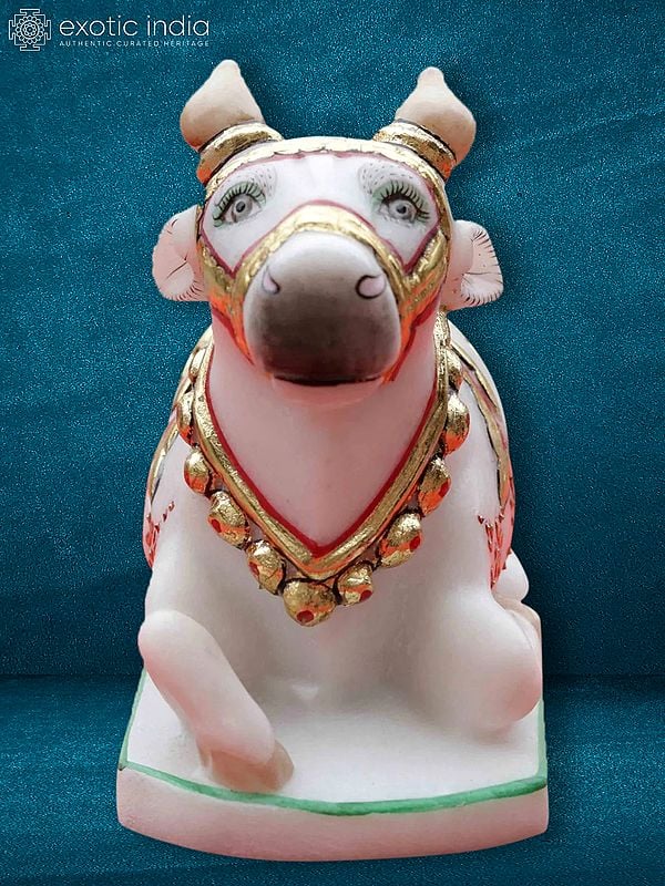 7" The Ample Adornments Of Nandi | White Makrana Marble Idol