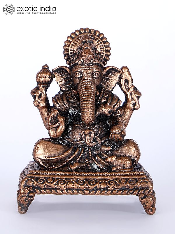 2" Small Chaturbhuja Lord Ganesha Copper Statue Seated on Pedestal