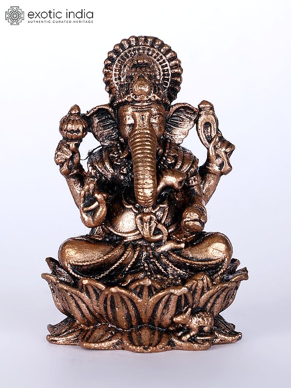 2" Small Chaturbhuja Lord Ganesha Copper Statue on Lotus