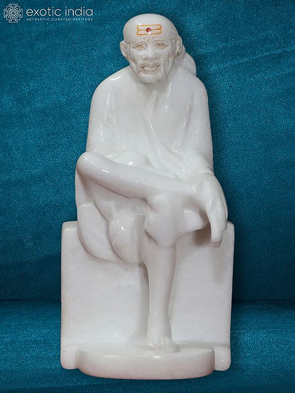 9" Seated Sai Baba Sculpture | White Makrana Marble Idol