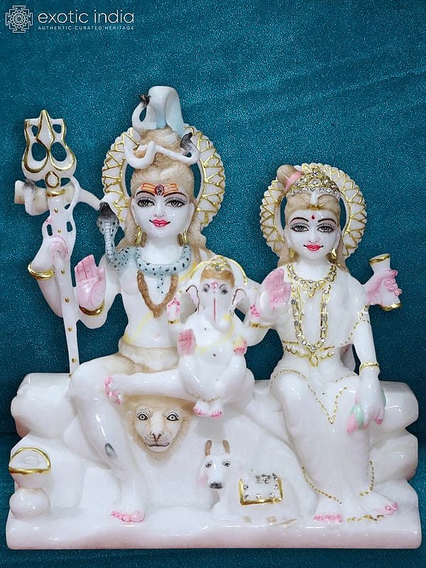 10" Lord Shiva And Parvati With Ganesha | White Makrana Marble Staute Idol