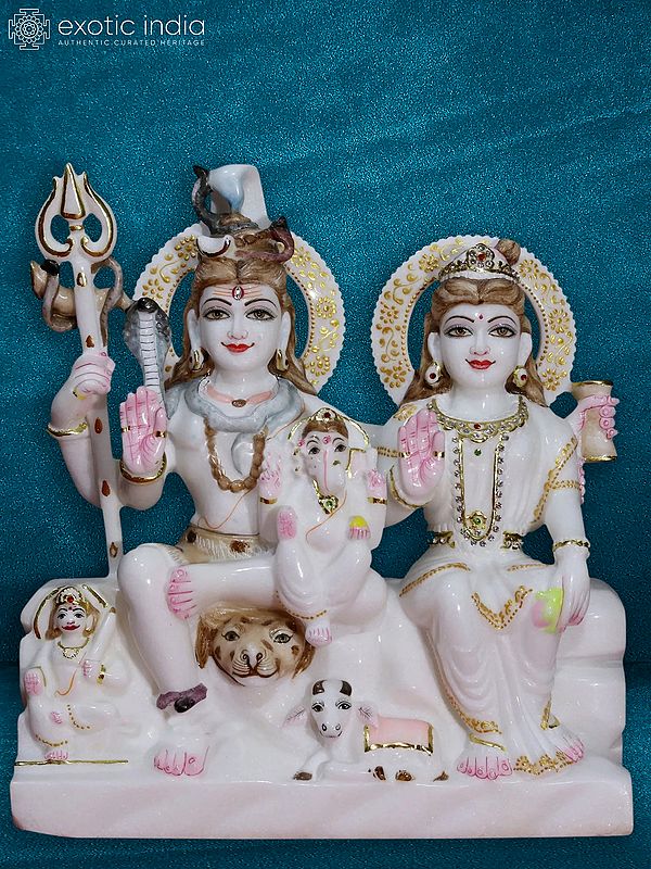 16" Lord Shiva And Parvati With Ganesha And Kartikeya | White Makrana Marble Sculpture