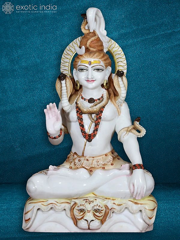 27" Seated Lord Shiva Sculpture | White Makrana Marble Figurine