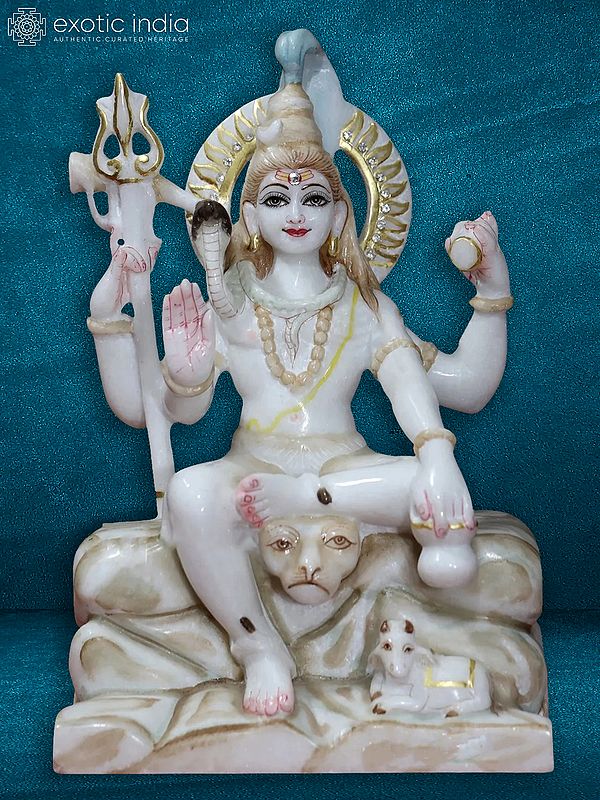 12" Statue Of Lord Shiva With Four Arms And Nandi | White Makrana Marble Idol