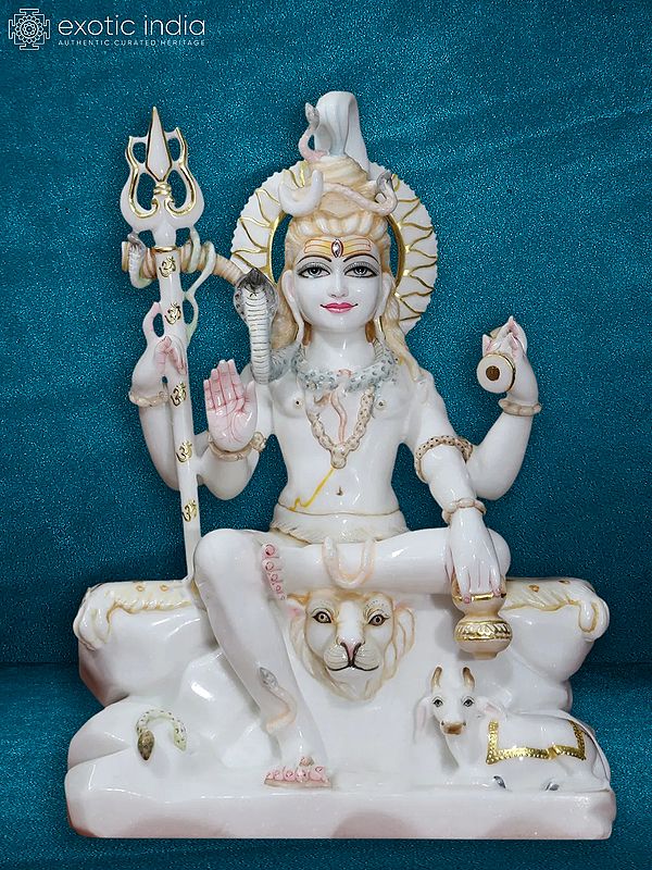 24" Marble Idol Of Lord Shiva With Trident, Damru And Kamandal