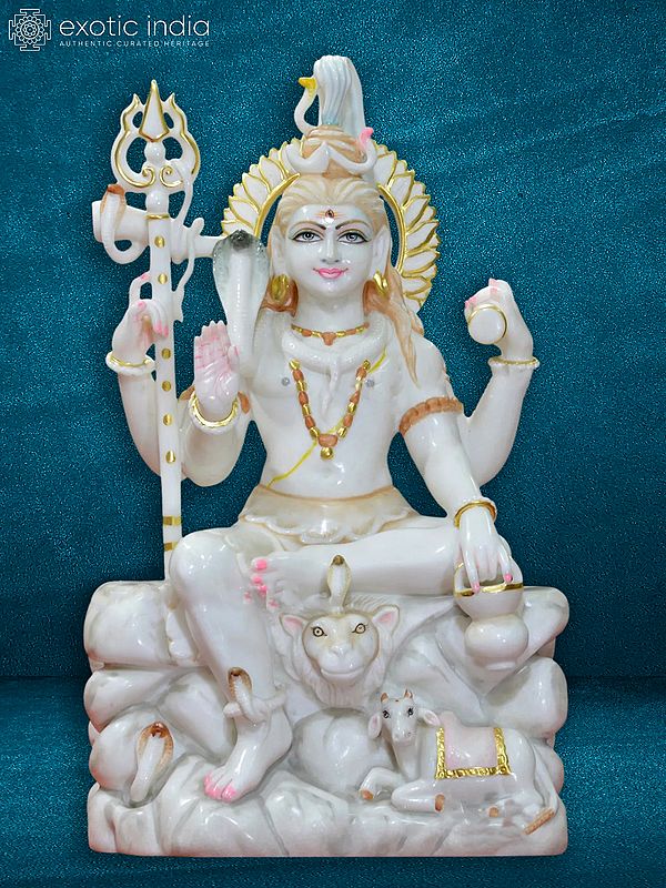 30" Lord Shiva Seated On Stone Asana | White Makrana Marble Statue