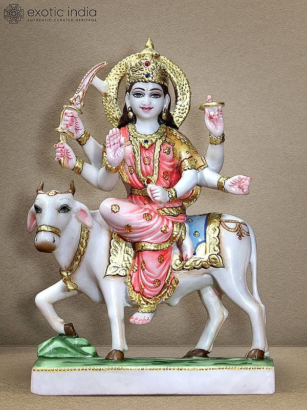 15" Colorful Statue Of Goddess Umiya | White Makrana Marble Figurine
