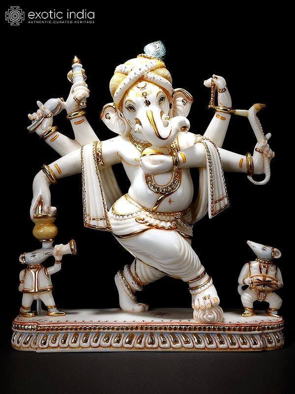 25" Six Armed Dancing Lord Ganesha with Mushak | White Marble Statue