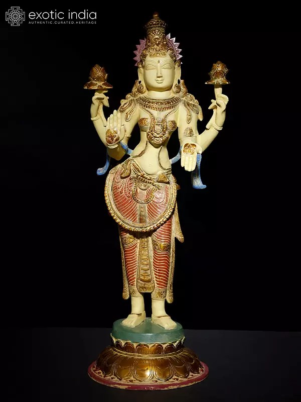 24" Colorful Standing Goddess Lakshmi Brass Statue in Blessing Gesture