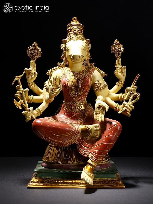 13" Sitting Eight-Armed Goddess Varahi Colorful Brass Statue