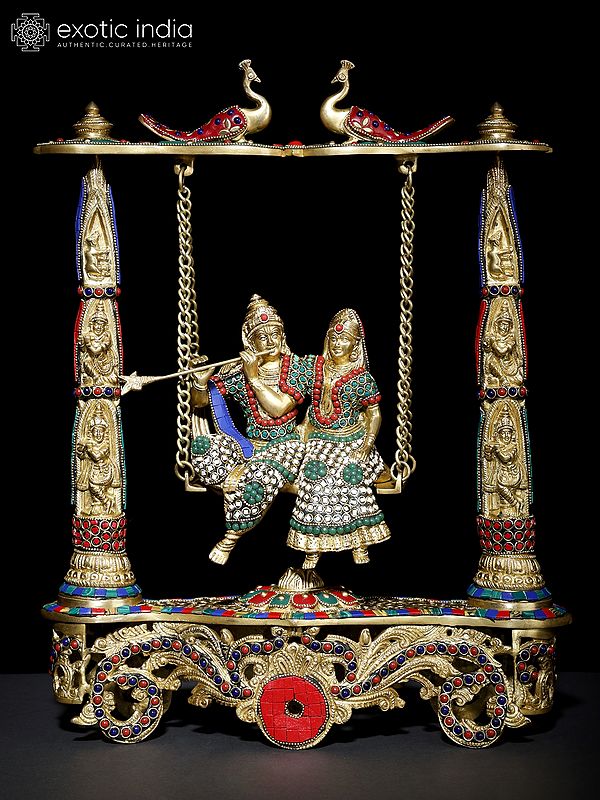18" Radha - Krishna on Swing | Brass Statue with Inlay Work