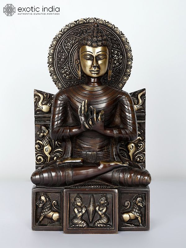 11" Lord Buddha Brass Statue Seated in Dharmachakra Mudra