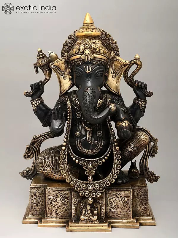 18" Colorful Chaturbhuja Lord Ganesha Brass Statue