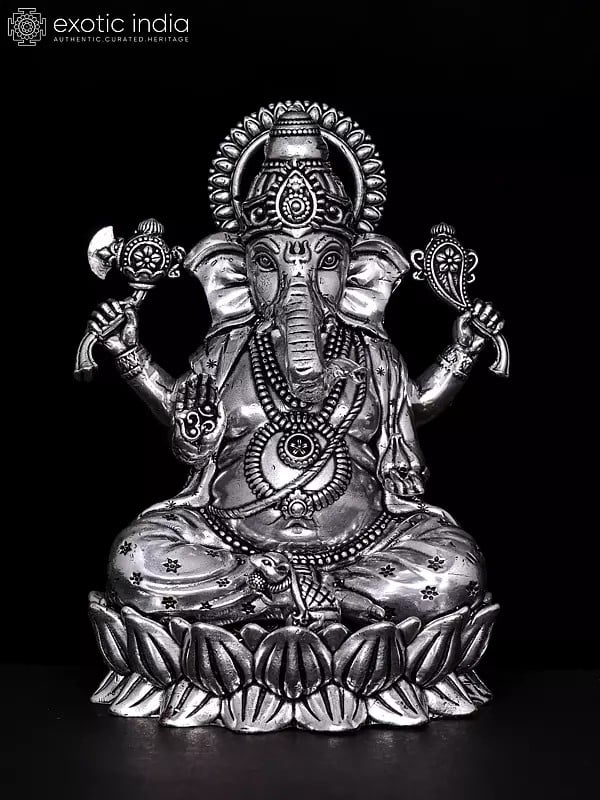 Small Blessing Lord Ganesha Seated on Lotus | Silver Plated Brass Statue | Multiple Sizes