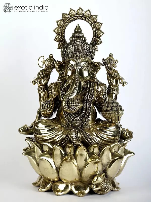 Superfine Four-Armed Blessing Lord Ganesha Seated on Lotus | Multiple Sizes Brass Statues